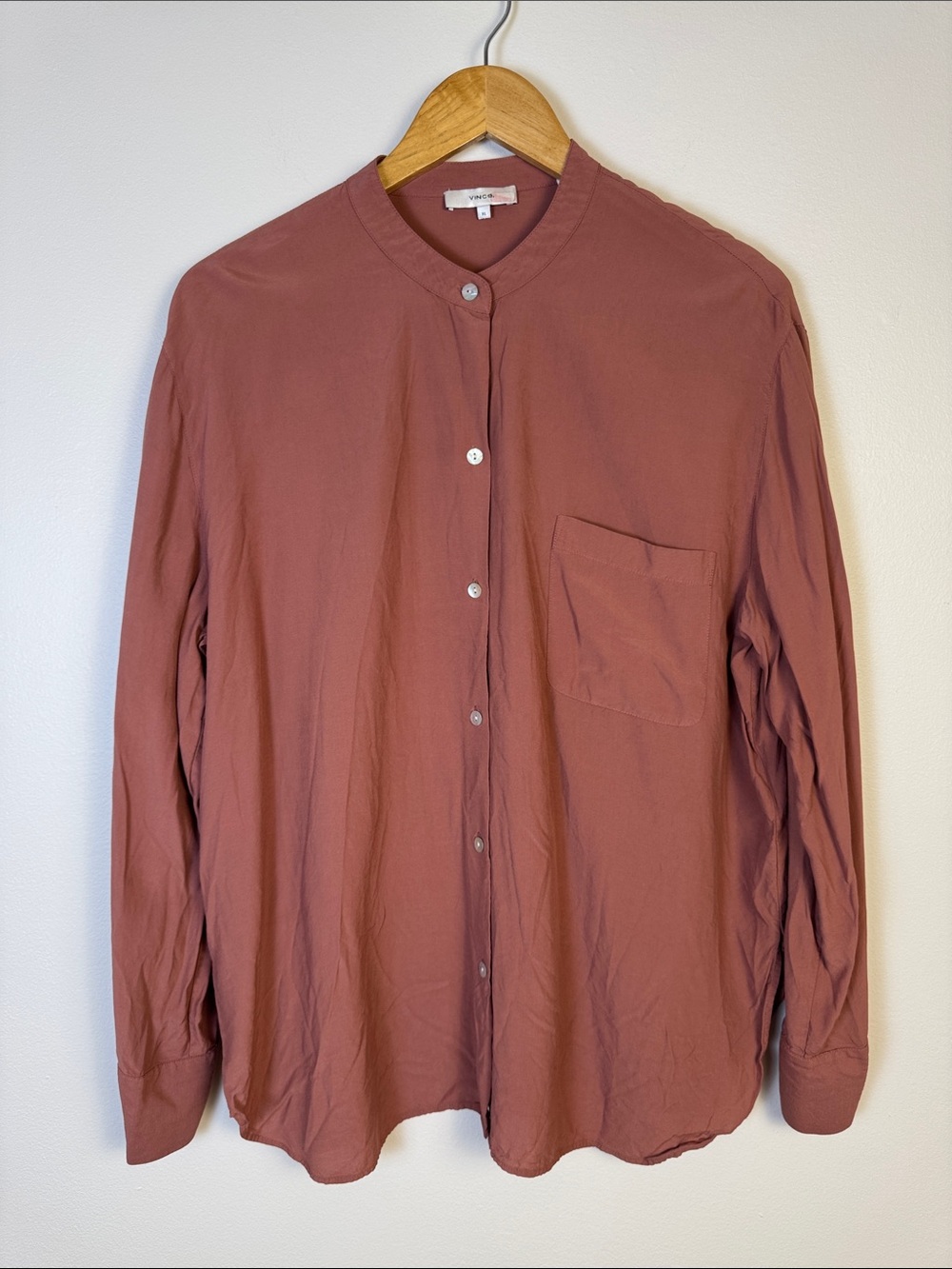 Vince Esme Matte Crepe Band Collar Blouse Terracotta Pink XL